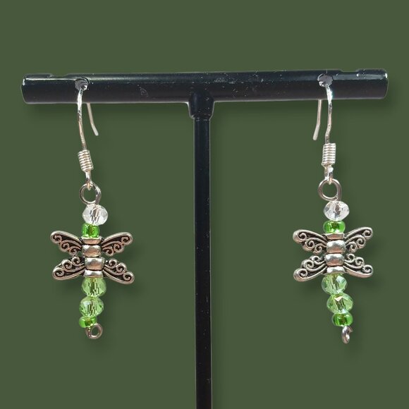 Handmade Green Beaded Dragonfly Dangle Earrings - Picture 4 of 7